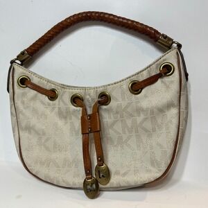 Michael Kors Signature MK Monogram Hobo Bag Cream Gold Braided Leather Handle